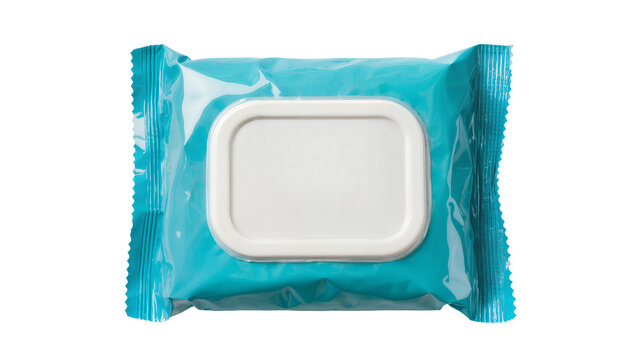 Isolated closed pack of wet wipes or baby wipes in blue-green plastic packaging with white lid