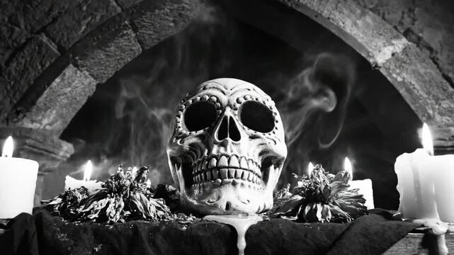Spooky Dia de los Muertos decorated skull centerpiece with candles and smoke in a stone arched alcove