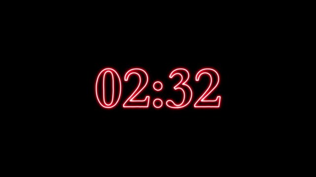 Glowing neon seconds countdown timer.Countdown timer minute stopwatch animation on black background.
