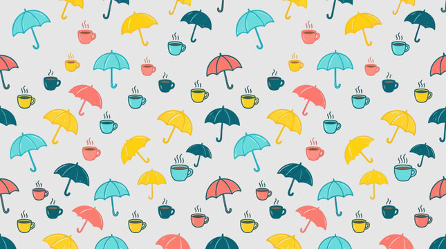 Colorful umbrellas and coffee cups pattern.