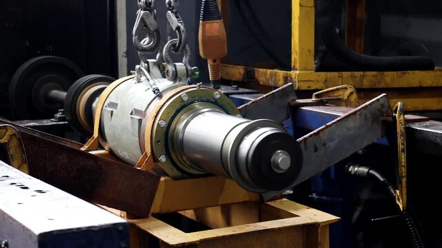 A large industrial steel rotor shaft and bearing assembly hooked to a hoist system on a dynamic balancing machine inside a heavy machinery workshop.