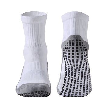 Two white socks with black geometric patterns and