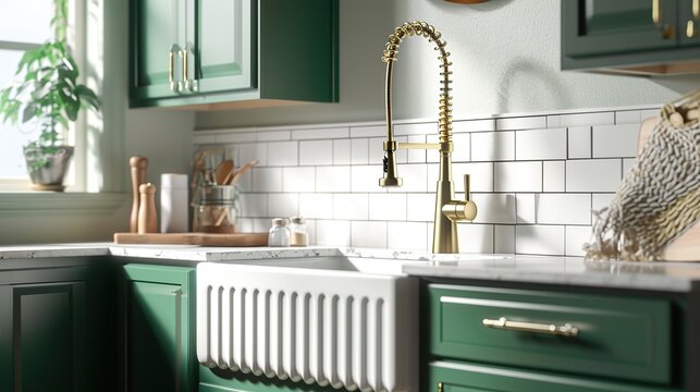 Elegant emerald green kitchen cabinets with brass faucet and white subway tile backsplash in natural light