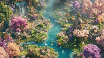 Obraz premium Enchanted Valley with a Winding River and Blooming Flora