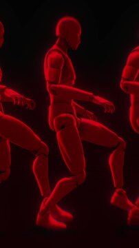 A group of Androgynous AI Humanoids slowly tiptoeing in a line. 
