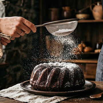 Dusting Powdered Sugar on Chocolate Bundt Cake