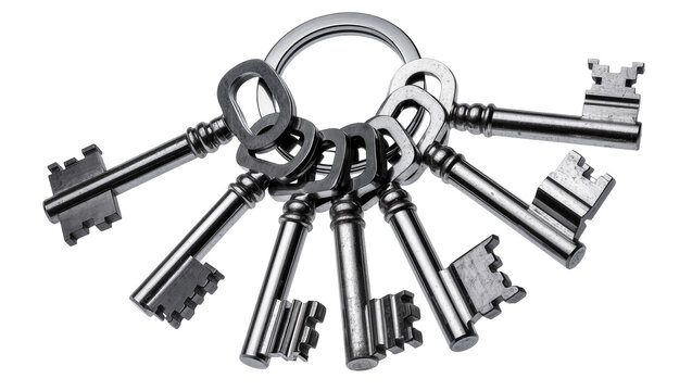 Isolated bunch of shiny antique metal keys on a keyring for unlocking secrets and access.