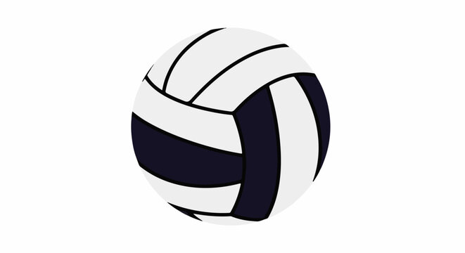 A stylized illustration depicts a dark blue and white volleyball with black outlining, isolated on a plain white background