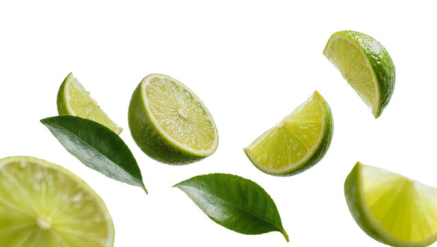 Isolated fresh lime halves and slices with vibrant green leaves captured in a dynamic arrangement