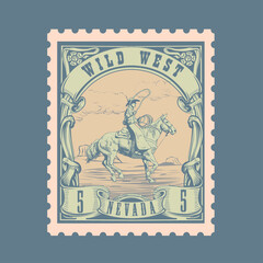 Obraz premium Vintage Wild West Cowboy Rodeo Postage Stamp Vector - Nevada