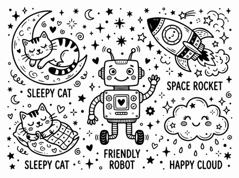 Playful doodle set art kit composition