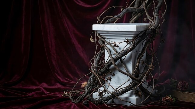 Classic white marble pedestal wrapped with dry thorny vines against burgundy red velvet drapery background.