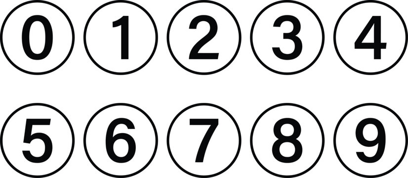 Black numbers zero to nine inside circular frames isolated design elements