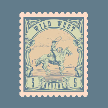 Vintage Wild West Cowboy Rodeo Postage Stamp Vector - Nevada