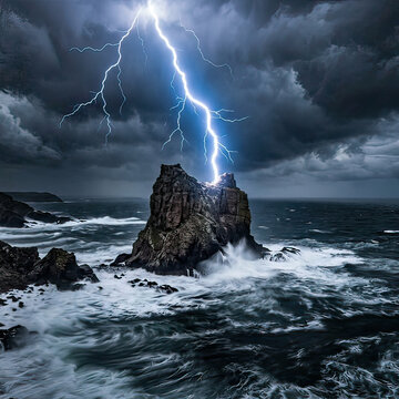 Dramatic Lightning Storm Over Sea Rock