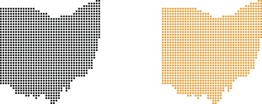 Ohio state map silhouette made of black and orange halftone dots and grid patterns