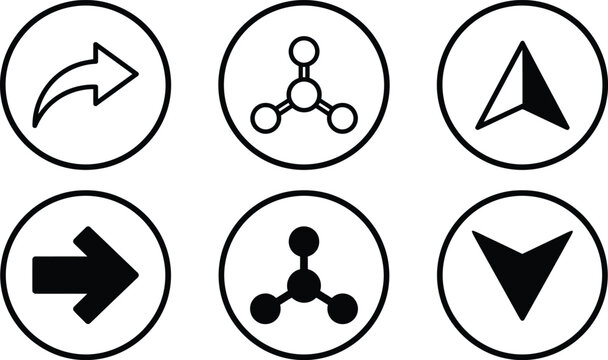 Set of six simple arrow and network connection icons in black circular frames