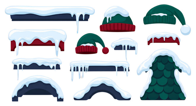 Collection of Winter Snow Covered Architectural Elements and Festive Holiday Hats for Decoration