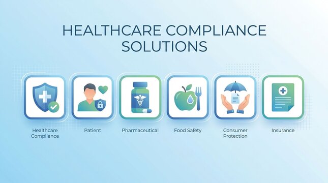Icon set showing healthcare compliance concept with medical shield, doctor, checklist, report, patient chart and stethoscope representing medical malpractice risk and legal accountability.