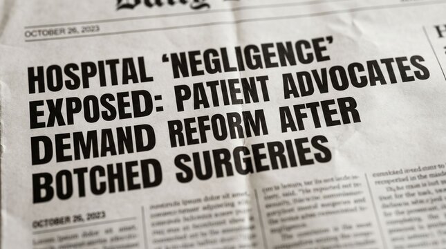 Newspaper headline about hospital negligence and patient advocate demand for reform after botched surgery, conveying medical malpractice explanation and patient safety education.