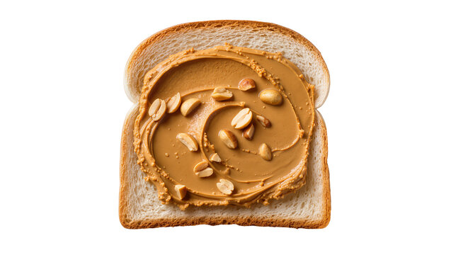 Isolated slice of white bread with creamy peanut butter and whole peanuts on top