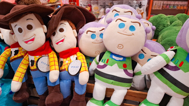 Group of official Disney Pixar Toy Story Sheriff Woody and Buzz Lightyear soft plush dolls on June 10, 2026 in Bangkok, Thailand