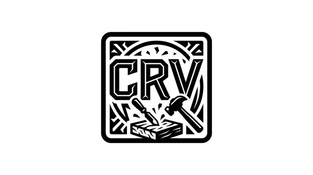 CRV Woodworking Logo with Hammer and Chisel on Wood Block
