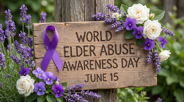 Wooden sign reading world elder abuse awareness day june 15 surrounded by purple flowers symbolizing elder protection and abuse prevention.