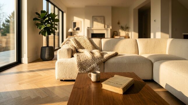 Modern minimalist living room with cream L-shaped sectional sofa, cozy knit throw, and warm golden hour light