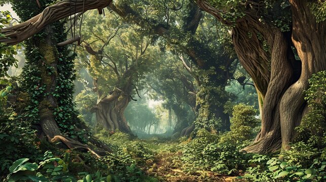 Enchanted Sunlit Forest Path Framed by Ancient Mossy Trees Creating a Verdant Archway