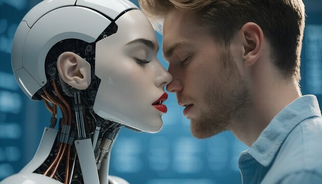 Young Man and Female Humanoid Android About to Kiss in Side Profile Closeup with Exposed Mechanical Neck and Blue Digital Background for Human Artificial Intelligence Love Romance Concept