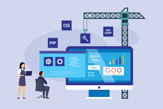 Web Development and Website Construction Concept with Software Developers 2d flat vector illustration