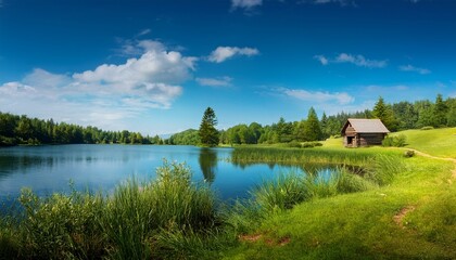 Obraz premium Idyllic Countryside Landscape With A Serene Lake Lush Green Forest And A Distant Cottage Under A Bright Blue Sky