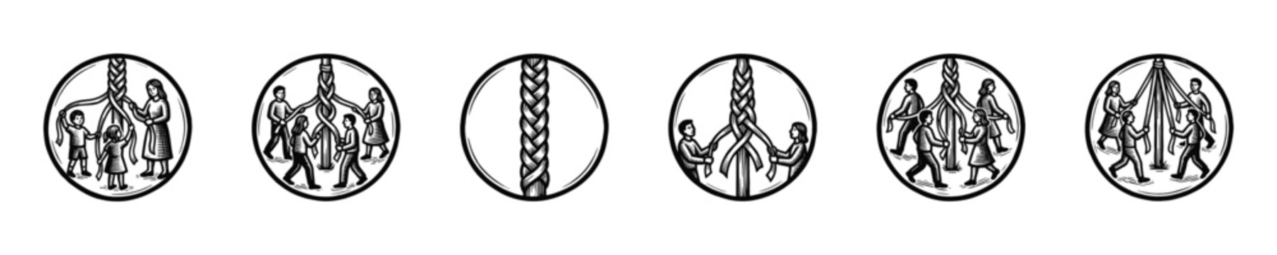 Vintage illustrations depict people dancing around a maypole and braiding ribbons