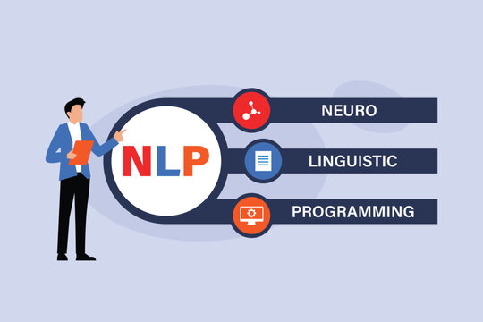 Neuro Linguistic Programming Infographic Concept with Presenter Man Character 2d flat vector illustration