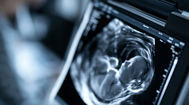 Black and white ultrasound image of a fetus in the womb, classic prenatal imaging and maternal health diagnostic concept, defocused background, with copy space
