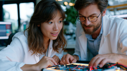 Fototapeta premium Physical therapist and pain researcher co-designing a wearable biosensor patch for chronic pain measurement, seated at a prototype workbench in a rehabilitation research center, sensor calibration e