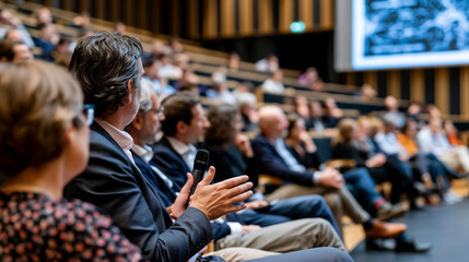 Obraz premium Philosopher facilitating a panel discussion on machine consciousness research ethics with four neuroscientists on a stage, audience of academics filling auditorium seats, projection slide showing ph