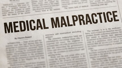 Obraz premium Newspaper headline reading medical malpractice with article text, concept of legal claim explanation and educational labeling about medical error and liability.
