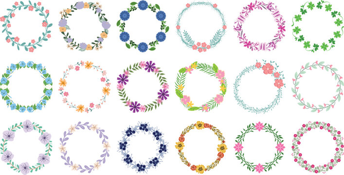 Vibrant dense circular geometric floral wreaths set. Flat vector illustration of repeating colorful blossom patterns and lush botanical rings.