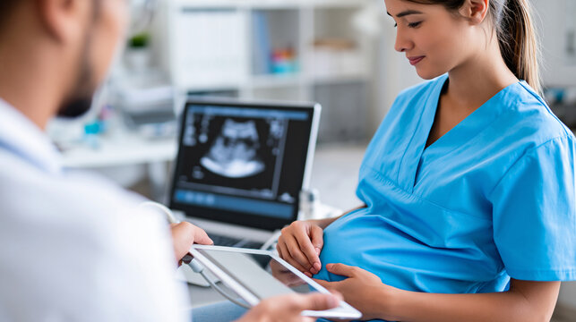 Anonymous medical professional conducting a sonogram on an expectant mother, focusing on fetal health in a clinical environment, faceless, defocused, with copy space