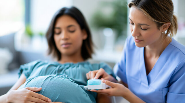 Anonymous nurse carefully applying ultrasound gel to a pregnant woman's abdomen before a prenatal scan in a calm clinical environment, patient preparation and maternal care