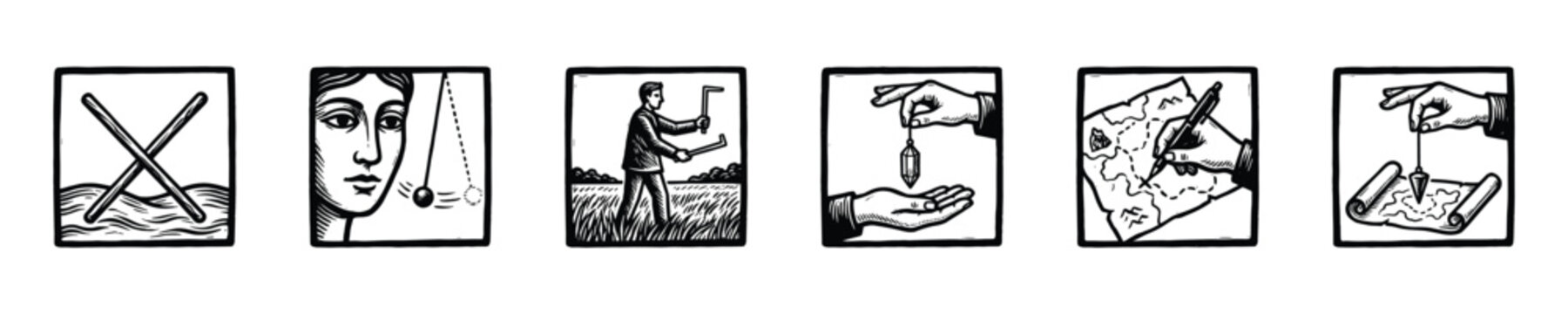 Vintage illustrations depict ancient surveying and divination tools and techniques
