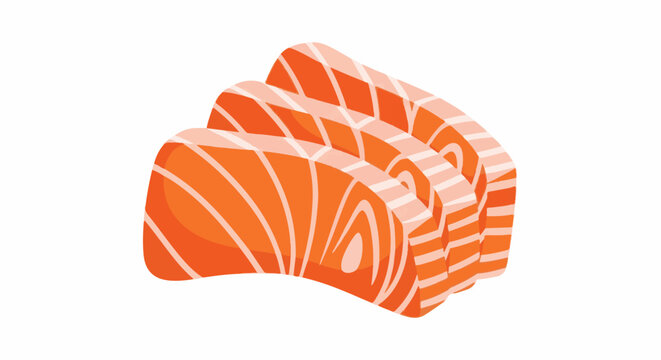 Sliced raw fish, three pieces, vibrant orange with white fat striations
