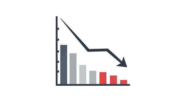 Bar chart shows declining trend with downward pointing arrow and varying bar heights