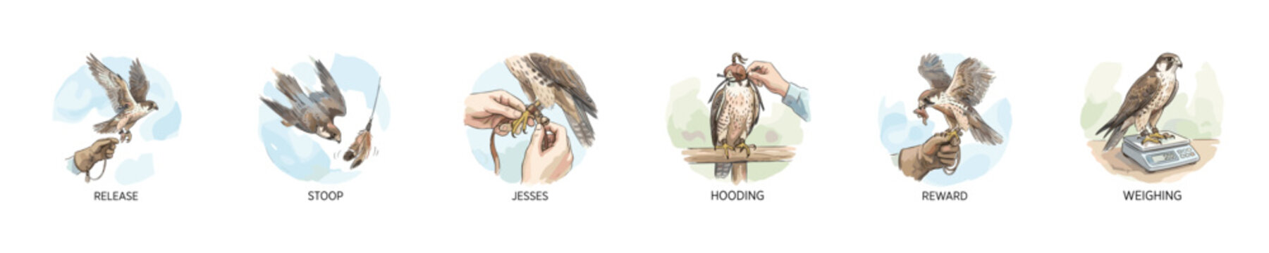 Falconry training steps illustrated: release, stoop, jesses, hooding, reward, weighing