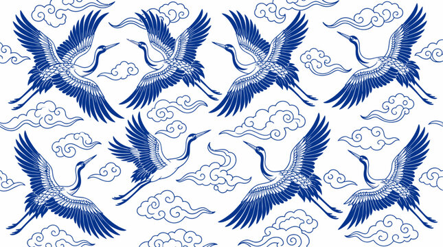 A pattern of blueandwhite stylized cranes in flight interspersed with swirling cloud motifs