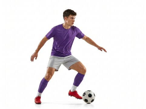 Full Length of Professional Soccer Player Dribbling Ball in Studio Isolated on White Background