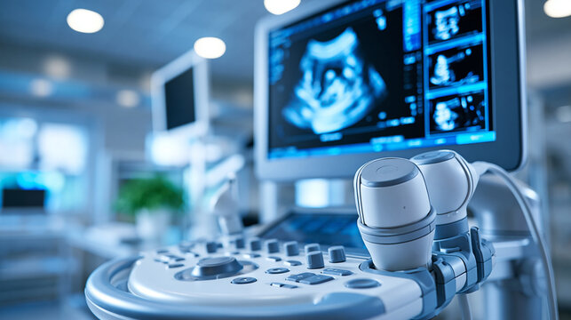 Ultrasound scan showing a fetus on a monitor in a medical examination room, prenatal checkup and fetal development monitoring concept, defocused, with copy space