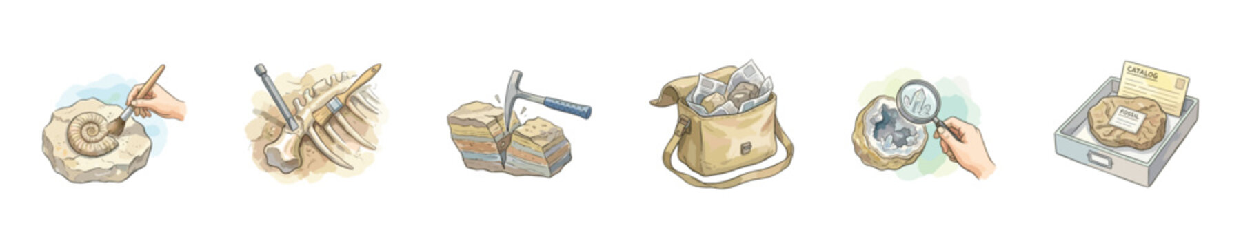 Paleontology tools and discoveries, illustrating the process of fossil excavation and study